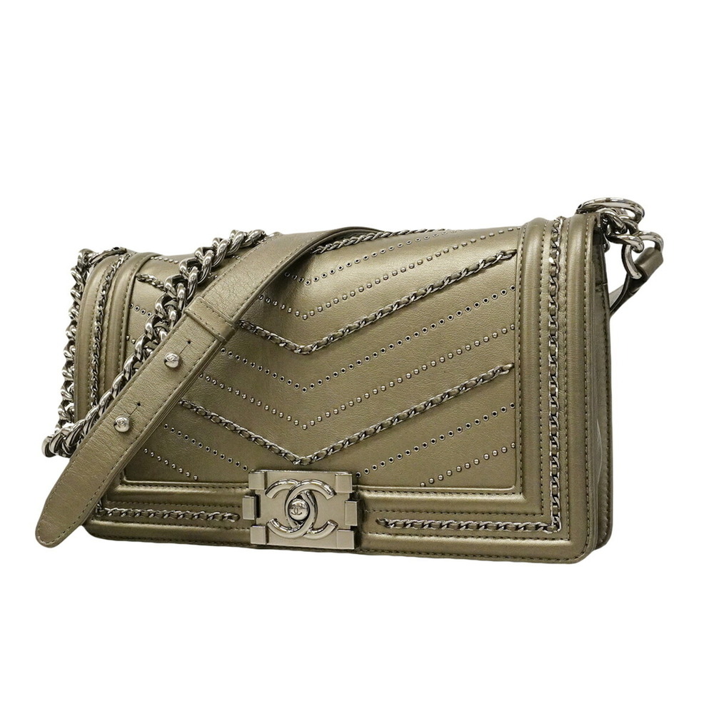 Chanel Boy Chain Shoulder Bag, Leather, Gray, Women's, P3171561